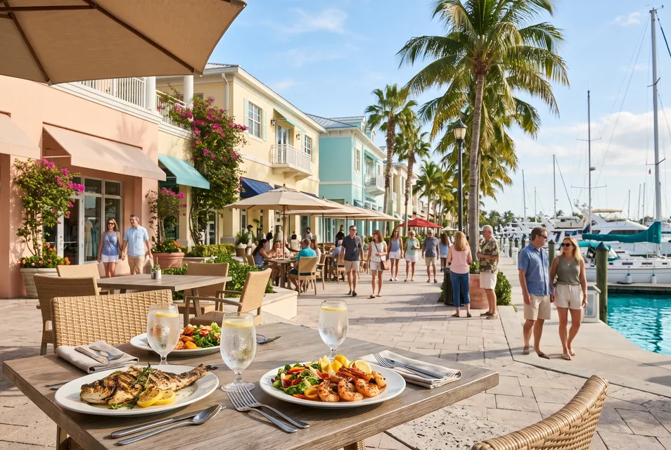 Outdoor dining beside a waterfront shopping street and marina – AI-generated