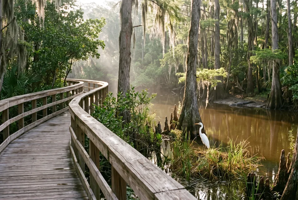 Boardwalk through a cypress wetland with a white egret – AI-generated