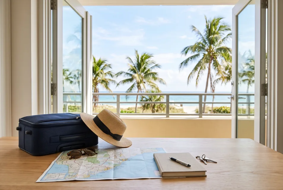 Trip planning with luggage, a road map and a sunhat overlooking a tropical coast – AI-generated