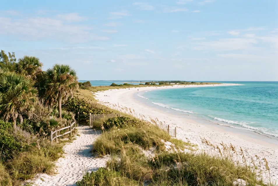 White-sand Florida beach with dunes and a barrier island – AI-generated