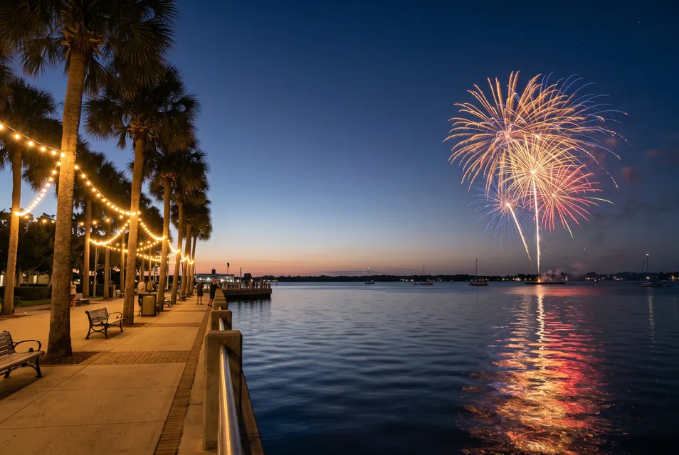 Fireworks above a palm-lined Florida waterfront promenade – AI-generated